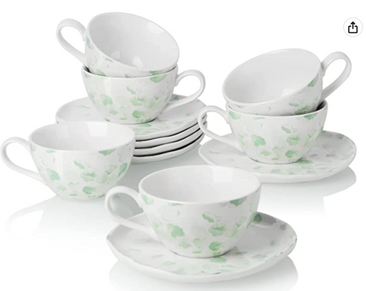 Sweese 250.690 Porcelain Floral Tea Cups and Saucers - Set of 6