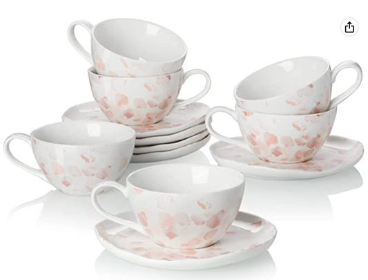 Sweese Porcelain Tea Cups and Saucers, with Elegant Rose Print Set of 6