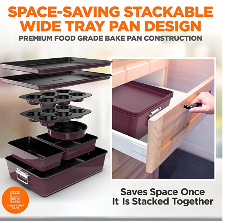 NutriChef 8-Piece Nonstick Stackable Bakeware Set (Plum)