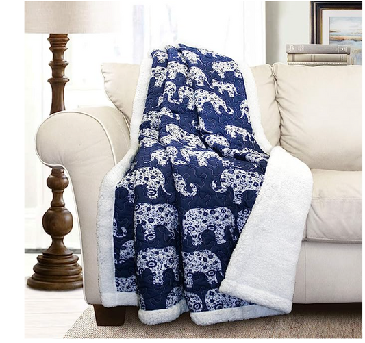 Lush Decor Navy Elephant Parade Throw Fuzzy Reversible Sherpa Blanket