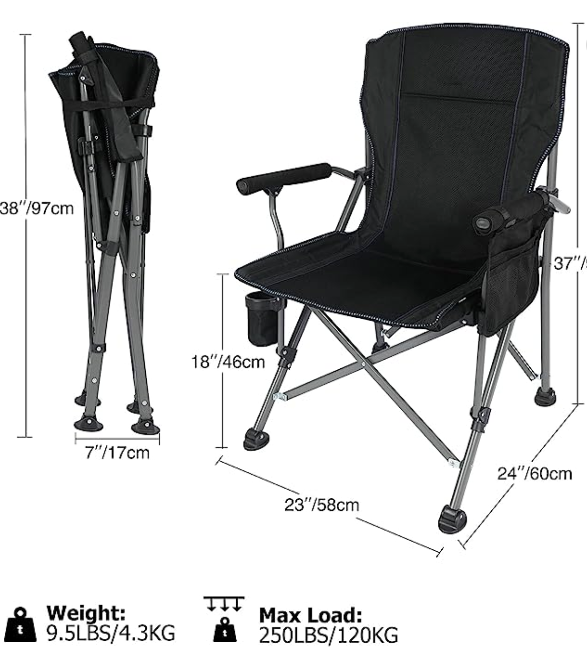 REDCAMP Oversized Folding Camping Chair for Adults (Black)