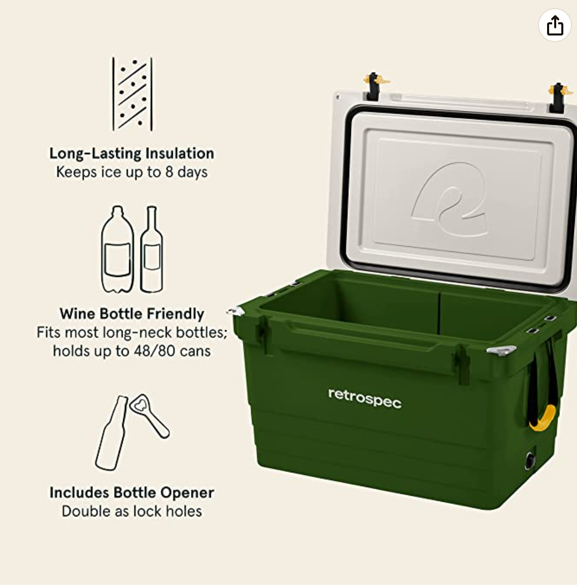 Retrospec Palisade Rotomolded Cooler - Fully Insulated Portable Ice Chest with Built in Bottle Opener