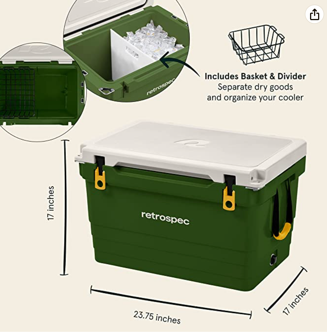 Retrospec Palisade Rotomolded Cooler - Fully Insulated Portable Ice Chest with Built in Bottle Opener